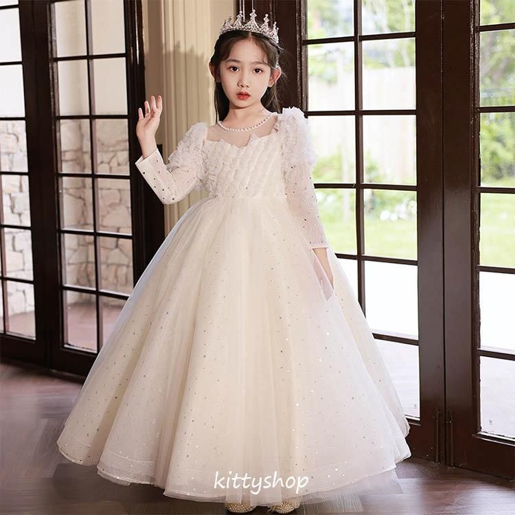 子供ドレス結婚式 ワンピース 袖あり 長袖 ロングドレス 子供ドレス ピアノ発表会 ドレス 演奏会ドレス 白 誕生日 フォーマル ホワイト hab