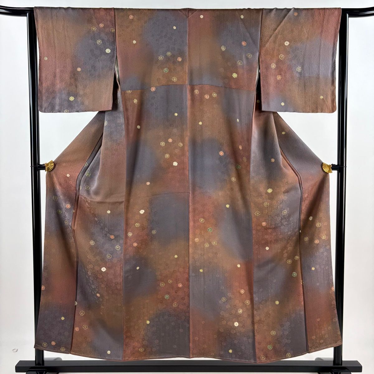 小紋 身丈153cm 裄丈64cm M 袷 花 地紋 茶色 正絹 秀品