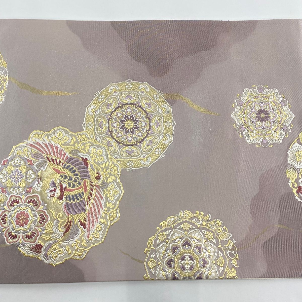 袋帯 美品 秀品 関西仕立て 華文 鳥 金銀糸 箔 灰紫 六通 正絹