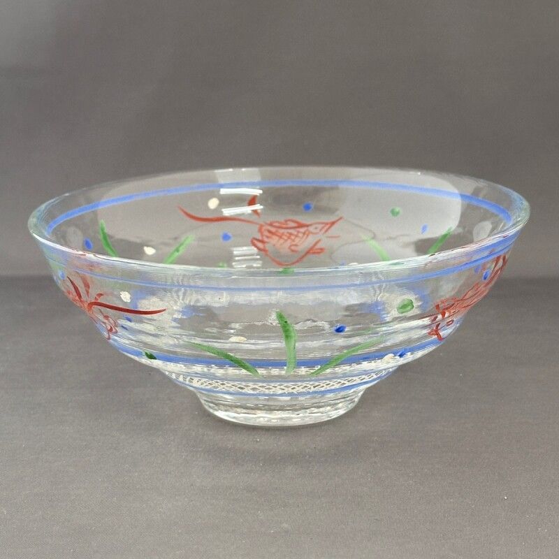 八木海峰作 手描きガラス抹茶碗(魚藻紋) 茶道具 ガラス抹茶茶碗 硝子抹茶
