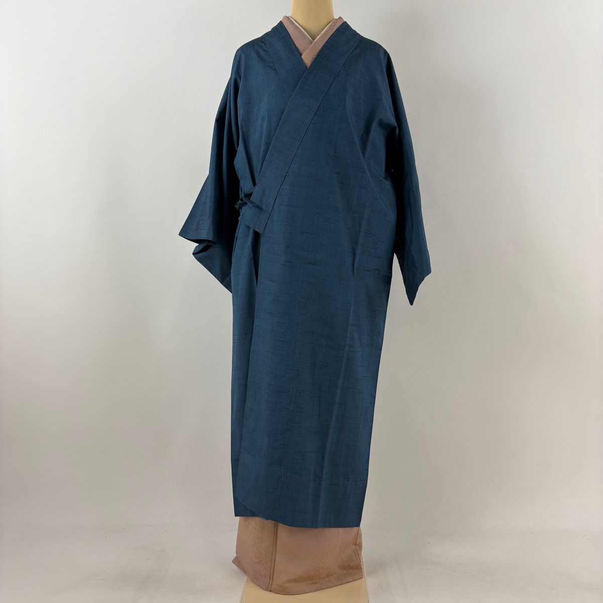道中着 身丈125.5cm 裄丈63.5cm S 紬地 和装コート 着物衿 無地 青灰色 正絹 名品