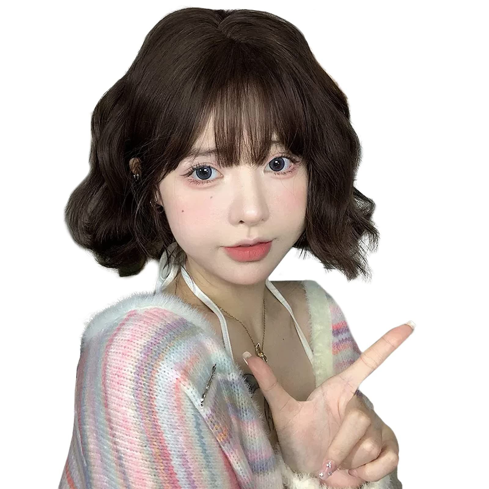 カツラ ボブ ウェーブ 女装 レディース ウィッグ ウィッグ 自然 ぱっつん かつら 原宿系 フルウィッグ 小顔 人気 カール 耐熱 セミロング wig 巻き髪 ファッション ロリータ ショート コスプレ