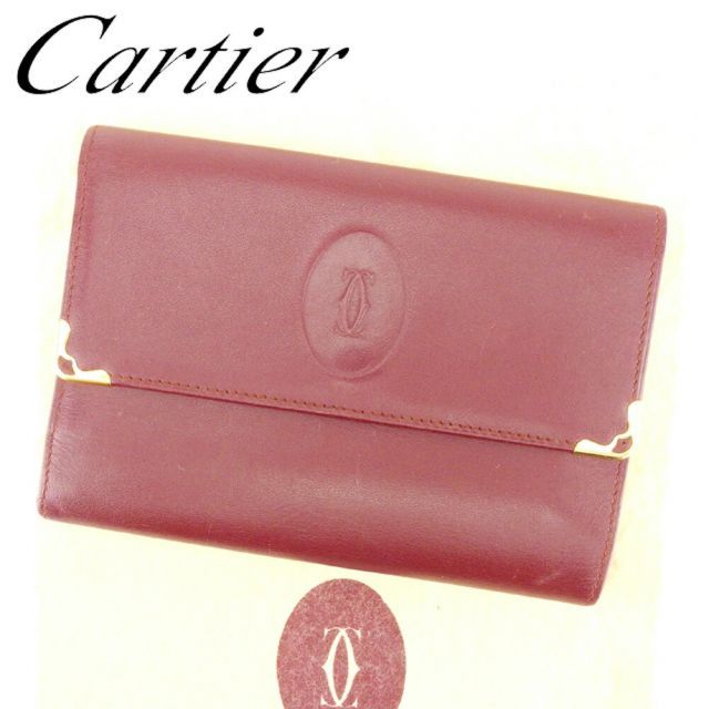 【美品】カルティエ マストライン 三つ折り財布 レザー がま口 ボルドー Cartier カルティエ L3000716 マストライン レザー 三つ折り