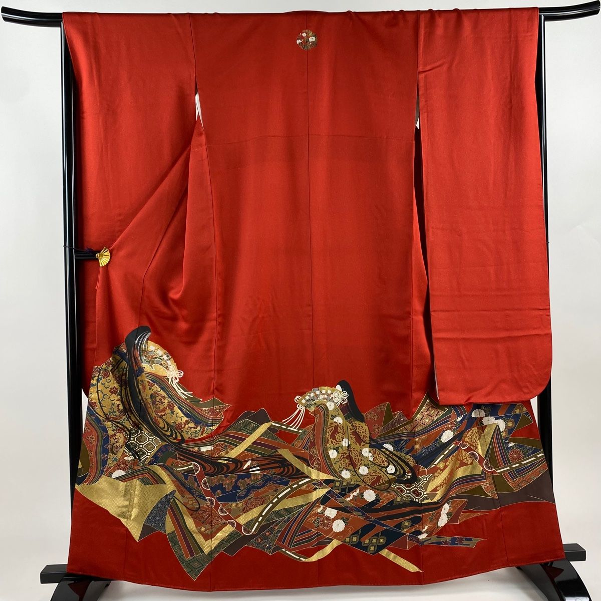 振袖 身丈161.5cm 裄丈65.5cm M 袷 姫 花鳥 金通し 金彩 赤 正絹 名品 一つ紋