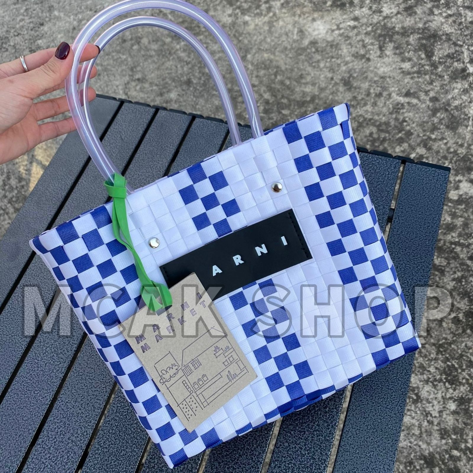 美品 MARNI MARKET マルニマーケット ファッション レディース バッグ ハンドバッグ ピクニックバッグ かごバッグ ブルー×ホワイト