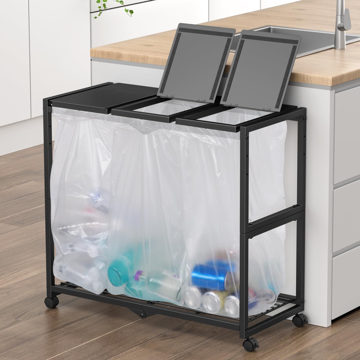 Color ブラック PRTONE ゴミ箱 分別 ゴミ袋ホルダー 3分別*45L ダストボックス キャスター付き 分別ゴミ箱 ふた付き おしゃれ スリム 3連 大容量 10L～55L袋対応 ゴミ袋 スタンド 縦開き キッチン 台所 リビング オフィス ゴミ箱ホ