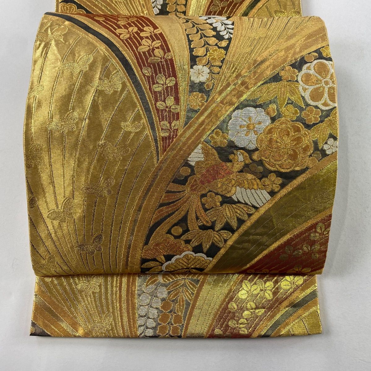 袋帯 秀品 花鳥 幾何学模様 箔 金糸 金色 六通 正絹 【中古