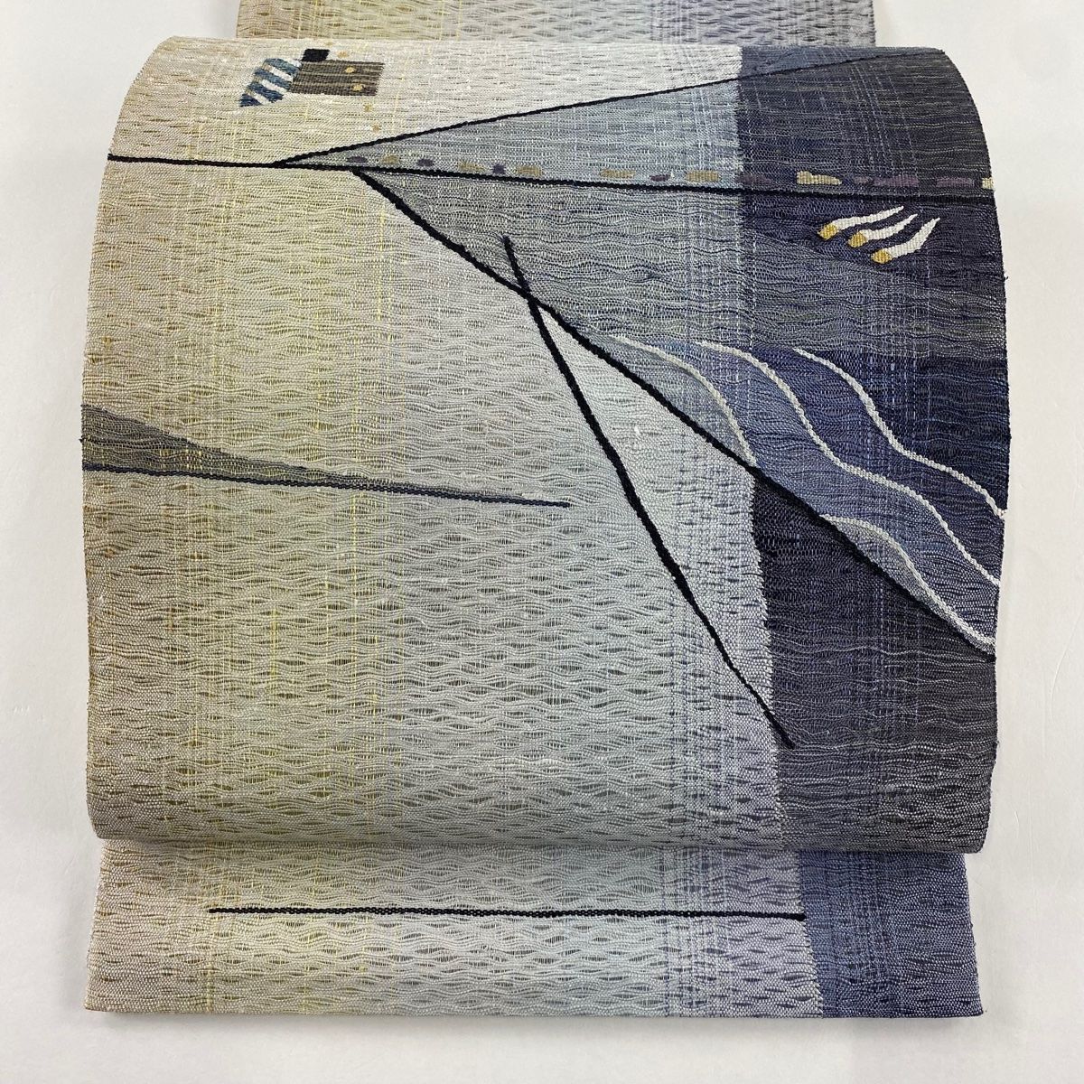 502my115◆本場塩沢 袋帯 市松模様 お太鼓柄◆美品 袋帯 美品 秀品 魚 海藻 ちりめん 金彩 灰紫 お太鼓柄 正絹 中古