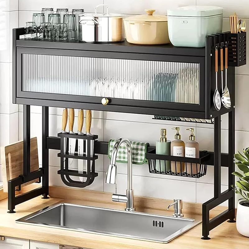 HEEOREV シンク上ディッシュラック 食器水切り シンク上 85x31x80cm キッチン収納ラック 防錆 自動排水 大容量 収納 組立簡単 食器乾燥 キッチン整理収納 ブラック 1