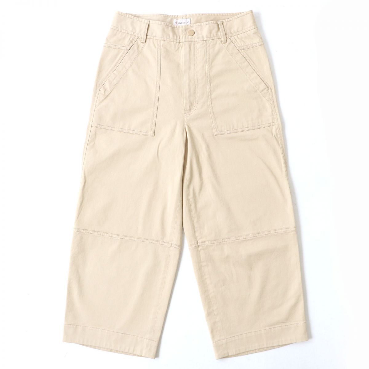 ドンドン見直し △ MONCLER モンクレール 2020年製 PANTALONE ロゴパッチ付 コットン ストレッチ クロップド パンツ ベージュ 42 レディース