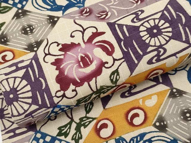 平和屋本店□極上 本場琉球紅型 九寸開き名古屋帯 紬地 花唐草文 薄香