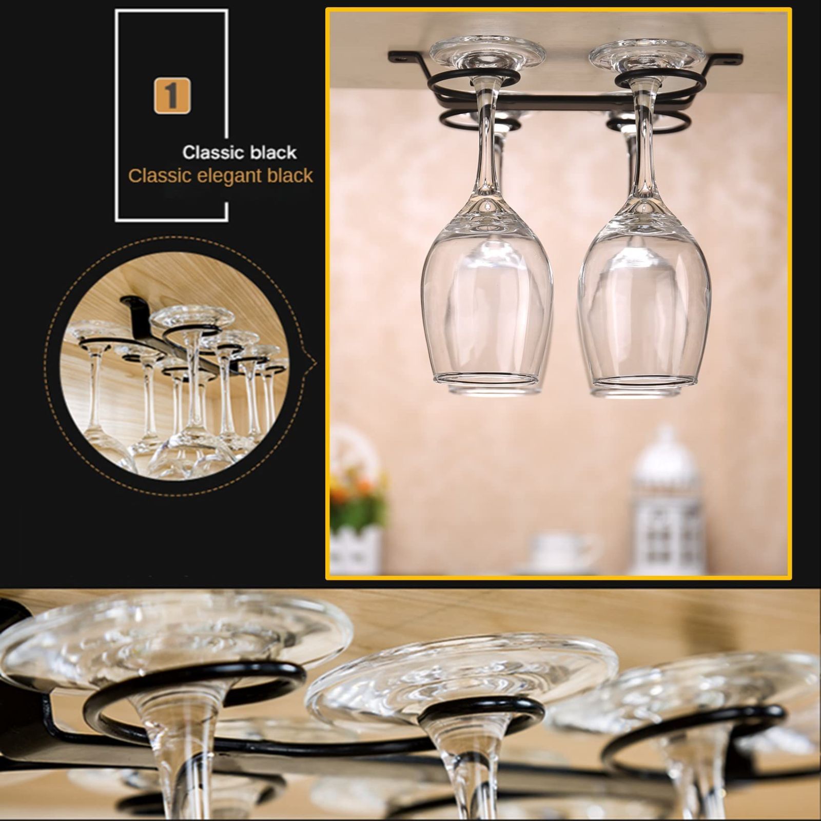  2列 コンパクト 吊り下げ ワイングラスハンガー ネジ止め スチール ワイングラスホルダー ブラック NOELAMOUR グラスホルダー キッチン収納 ラック