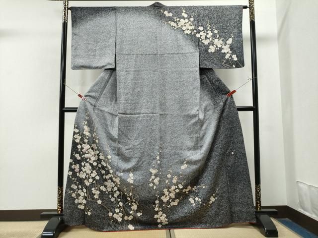 平和屋着物●訪問着 作家物 枝梅文 たたき染め 黒地 金彩 正絹 CAAS7205yc