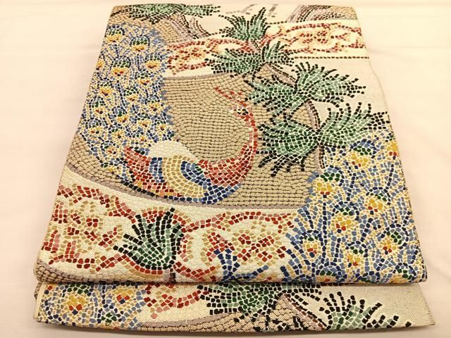 平和屋着物◎六通柄袋帯 唐織 孔雀 金糸 正絹 逸品 BAAU1627hv