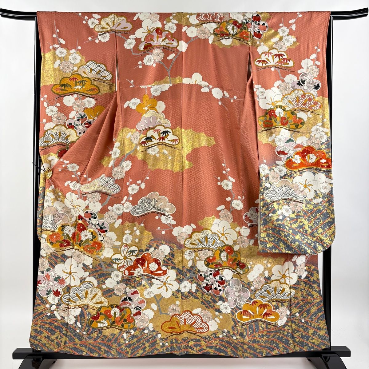 振袖 身長158-173cm 黄 矢絣 牡丹 松竹梅 正絹 振袖 身丈168cm 裄丈69.5cm L 袷 御所車 松竹梅 金彩 ぼかし
