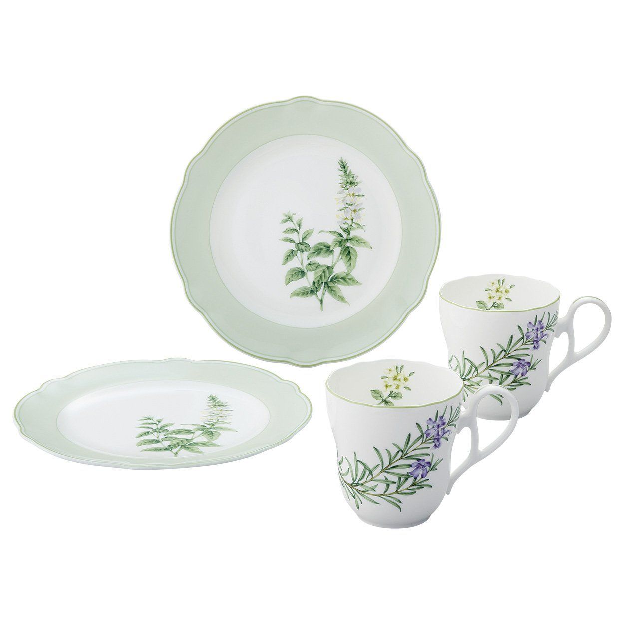 07 4点セット Noritake ノリタケ マグ - プレート ペアセット マグ 375cc プレート 22cm イングリッシュハーブズ 電子レンジ対応 マグ 2個 プレート 2枚 ボーンチャイナ M9715|4942