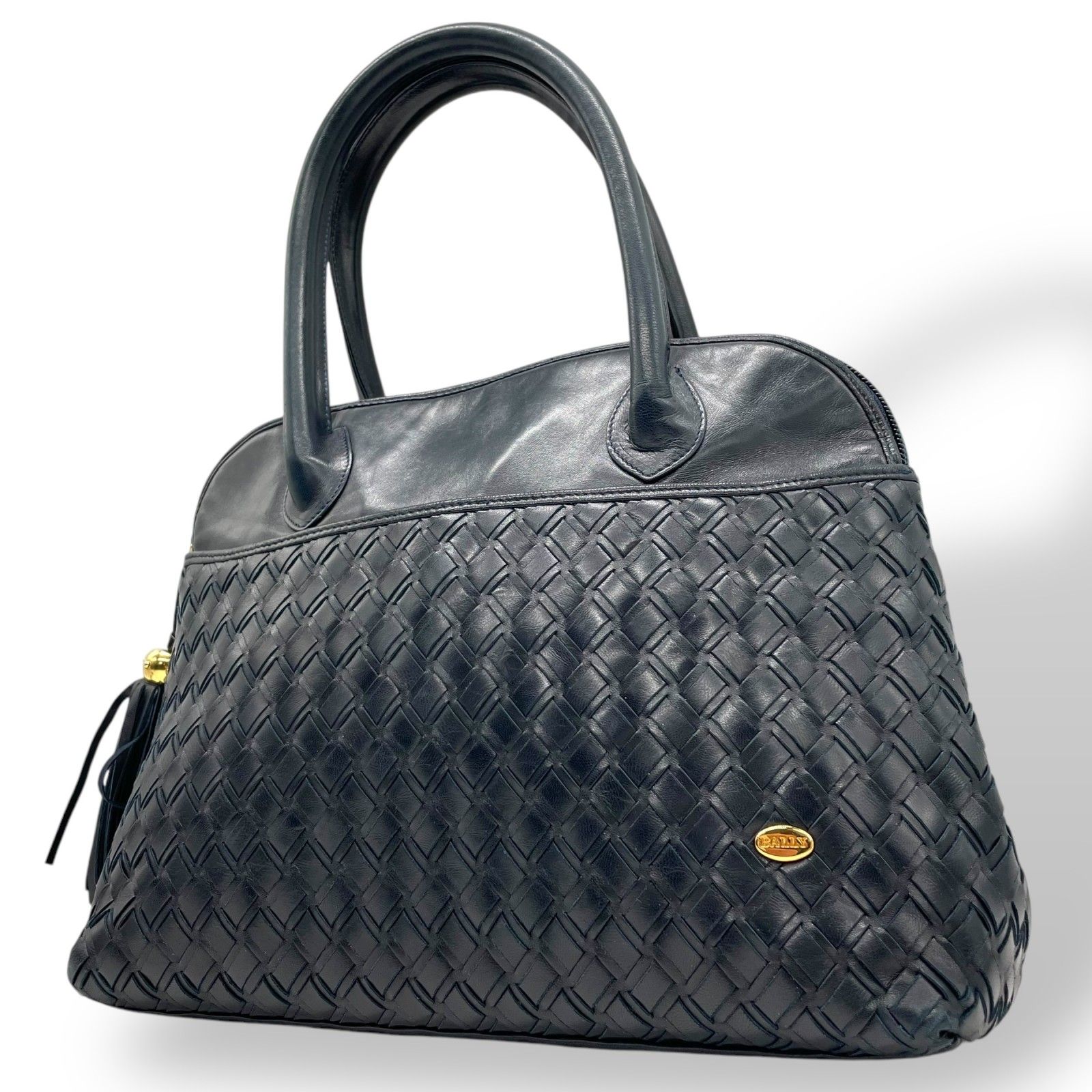 美品 BALLY バリー ハンドバッグ 黒 ブラック 編み込み イントレ 