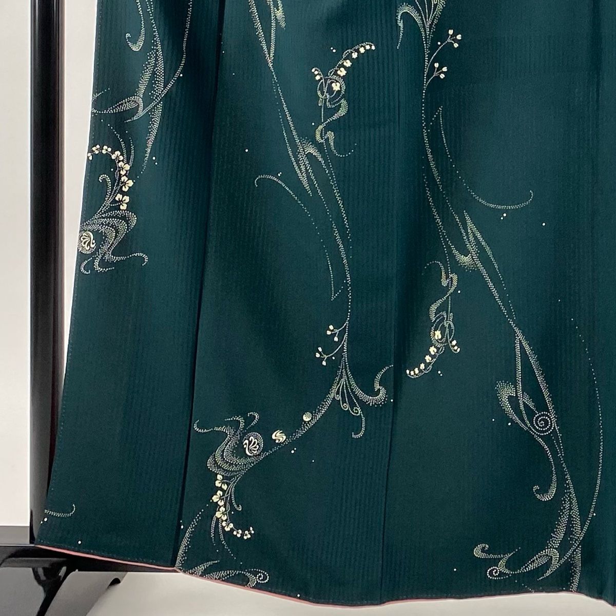 小紋 身丈160cm 裄丈67cm M 袷 草花 幾何学模様 深緑 正絹 秀品