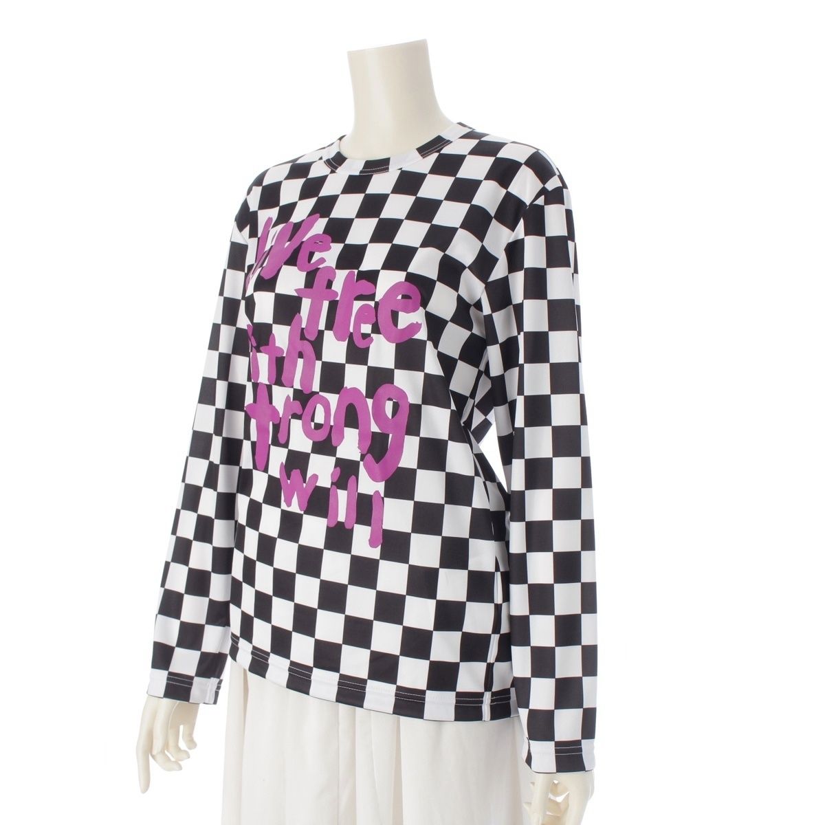 美しい コムデギャルソン AD2025 メッセージプリント チェッカー カットソー RM-T025 ブラック×ホワイト×パープル S