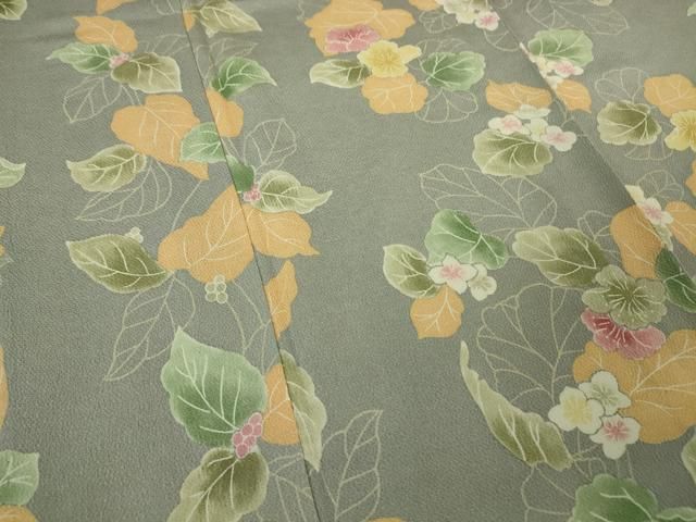 平和屋本店□極上 小紋 単衣 草花文 錫色地 鬼しぼ縮緬