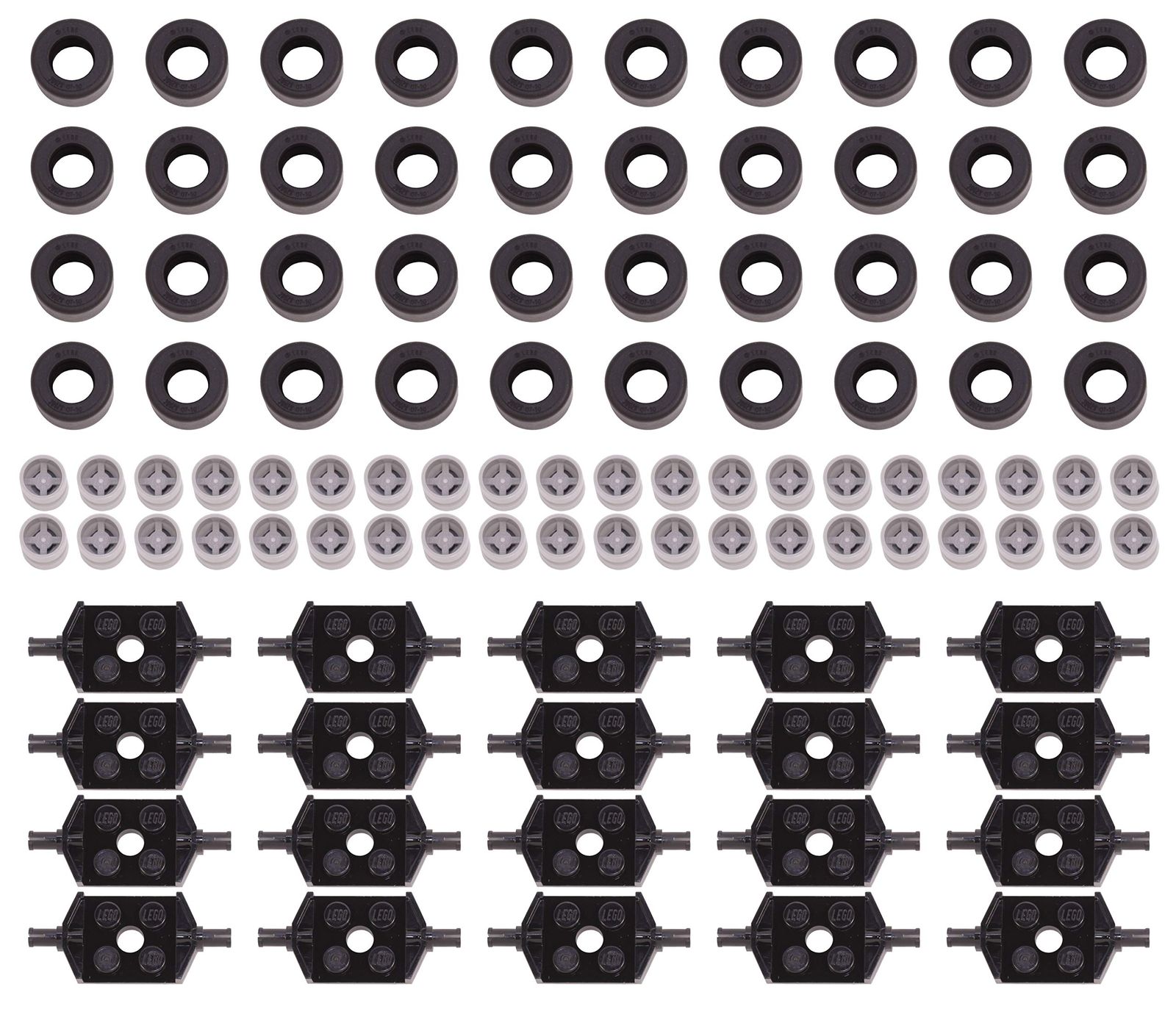 LEGO Parts and Pieces: 14x9mm Black Tire， Light Gray Wheel， 2x2 Black Wheels Holder Pack - 100 Pieces 