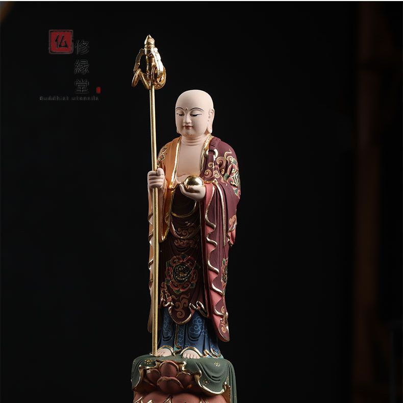 修縁堂】珍品 木彫り 仏像 地蔵菩薩立像 柘植材 彫刻 彩繪 本金 切金 