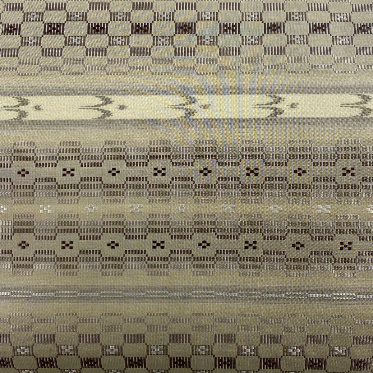 名古屋帯 証紙 夏帯 燕 幾何学模様 南風原花織 ベージュ 正絹