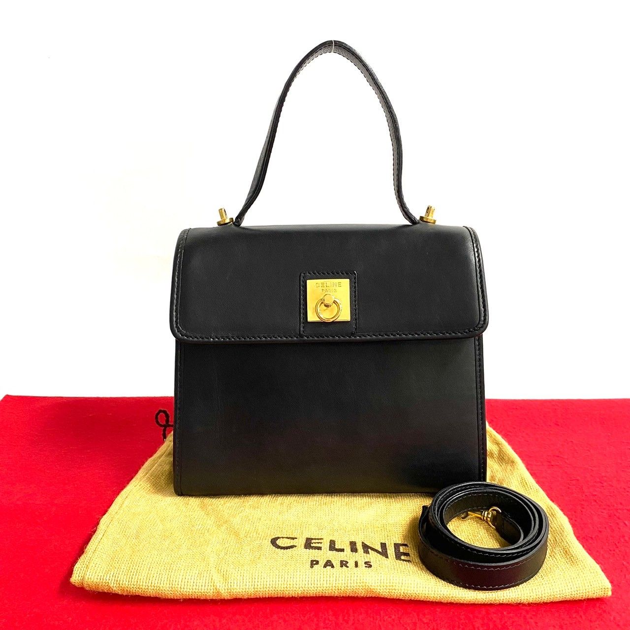 極 美品 袋付 CELINE セリーヌ ヴィンテージ リング ロゴ 金具 レザー  