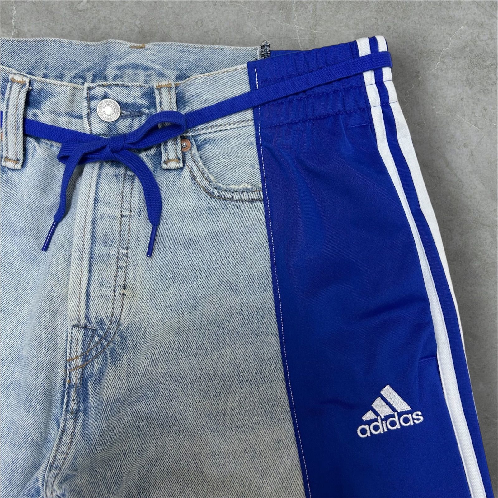 リメイク ワイドデニム × トラックパンツ ドッキングパンツ adidas トラックパンツ ダメージデニムドッキング 再構築