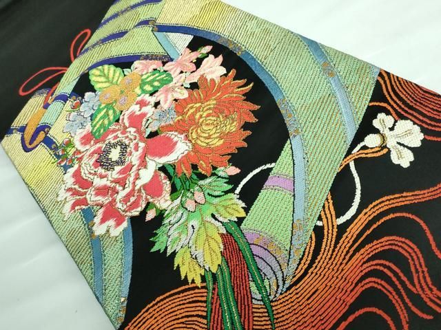 平和屋本店■最高級　龍村平蔵製　丸帯　玉たれの花錦　黒地　金糸　逸品　DZAA5851kh5 平和屋本店□最高級 龍村平蔵製 丸帯 玉たれの花錦 黒地 金糸 逸品