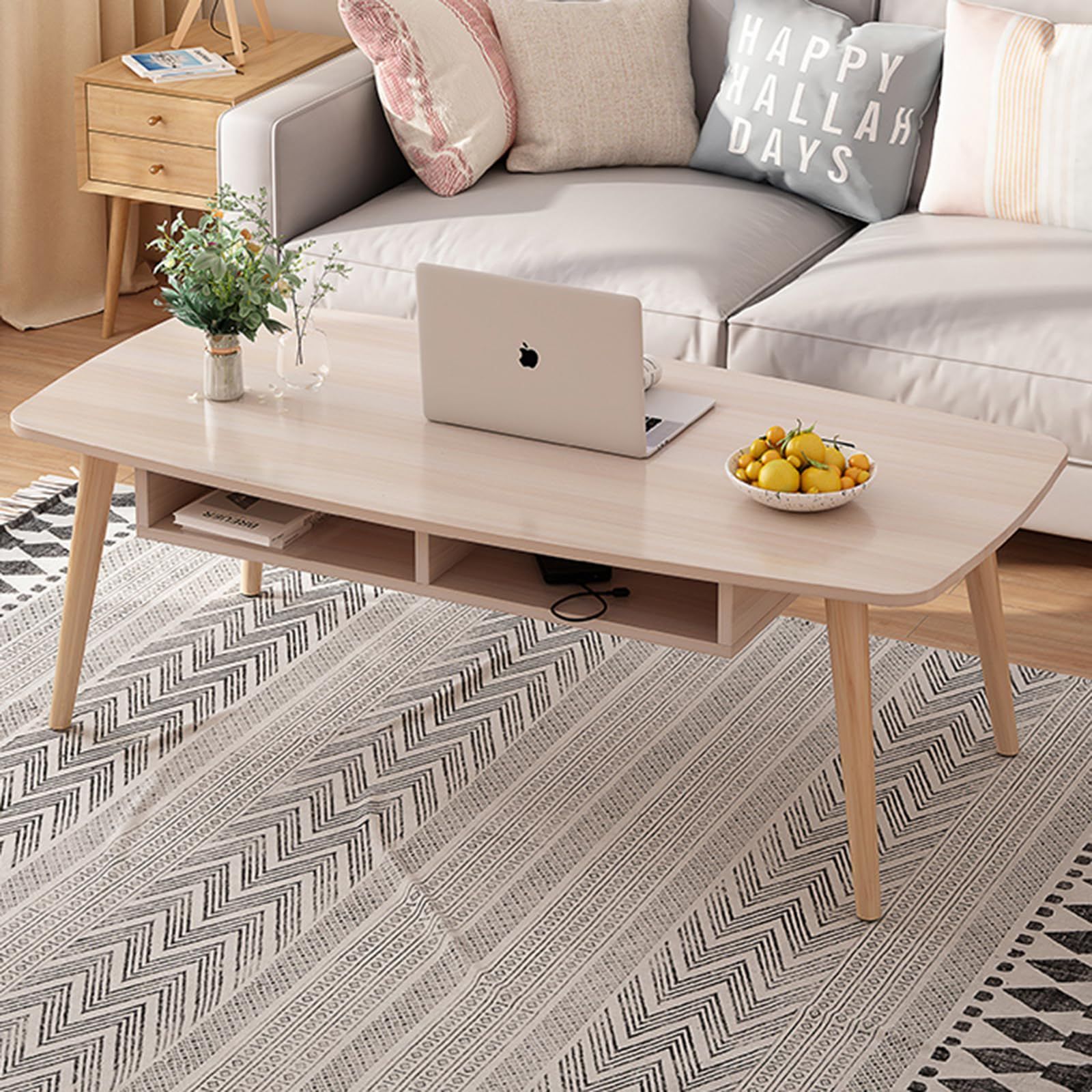 モダン長方形コーヒーテーブル 強化ガラス天板+MDF収納棚