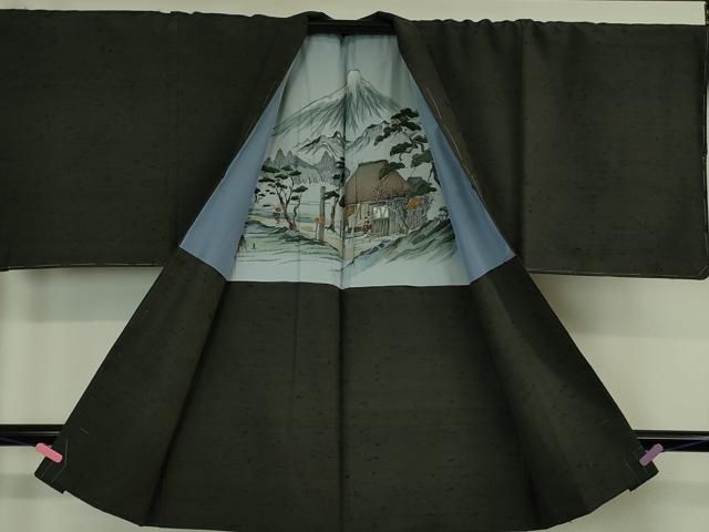 平和屋本店□極上 男性 ひげ紬 アンサンブル 長羽織セット 黒緑色地  