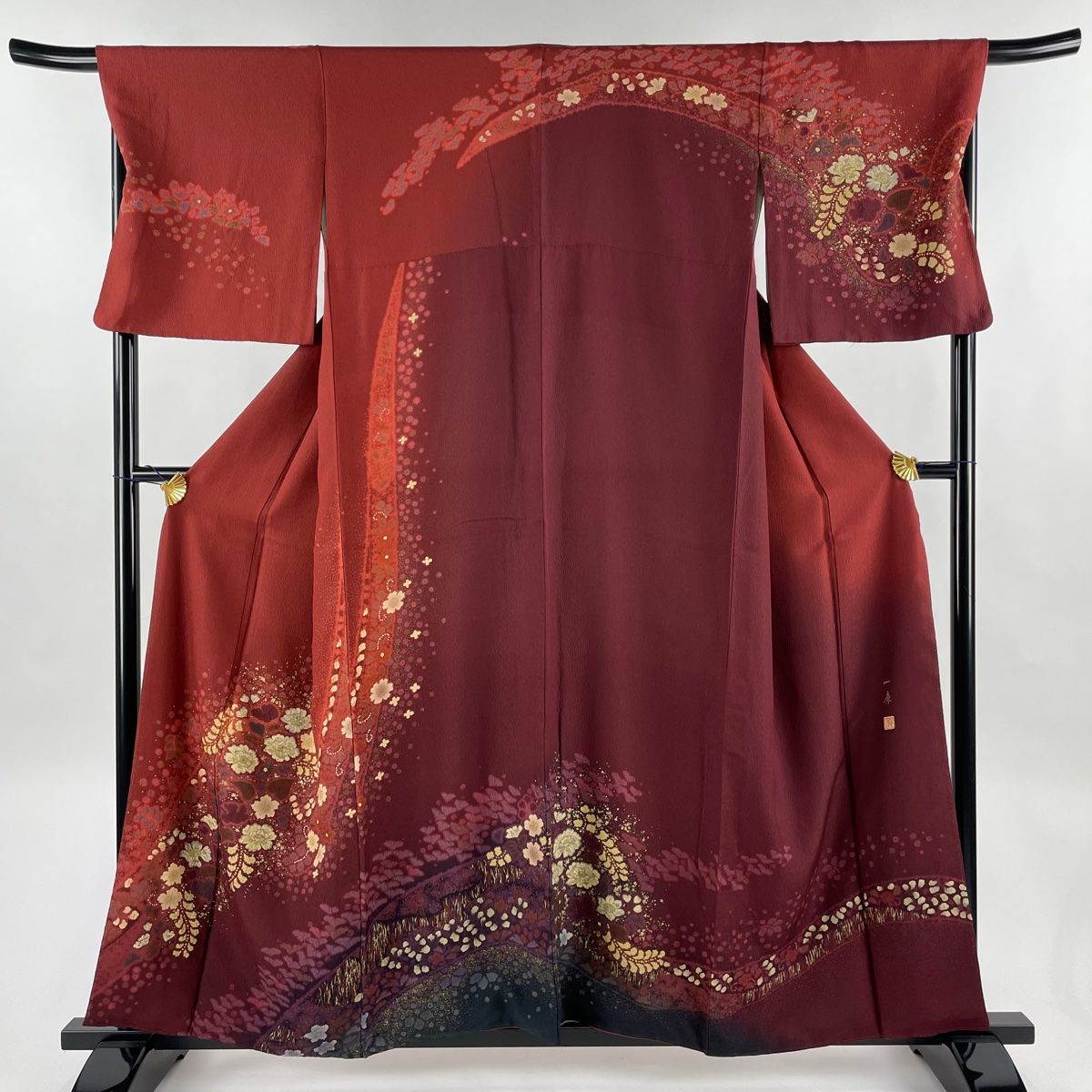 在庫一掃 訪問着 身丈156.5cm 裄丈69.5cm L 袷 吉乃一廉 落款 草花 花唐草 金彩 赤茶 正絹