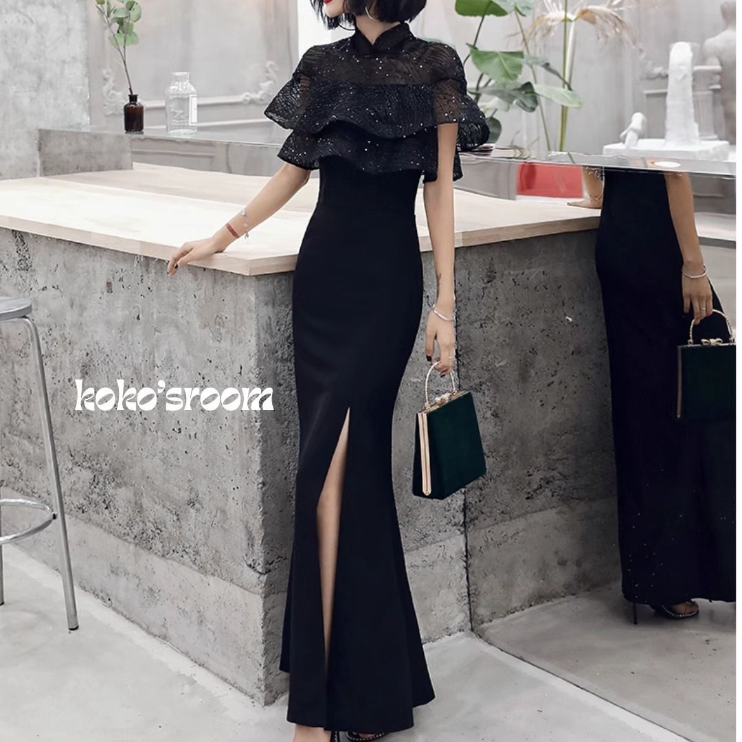 ハイネック パーティードレス ロング レース シースルー