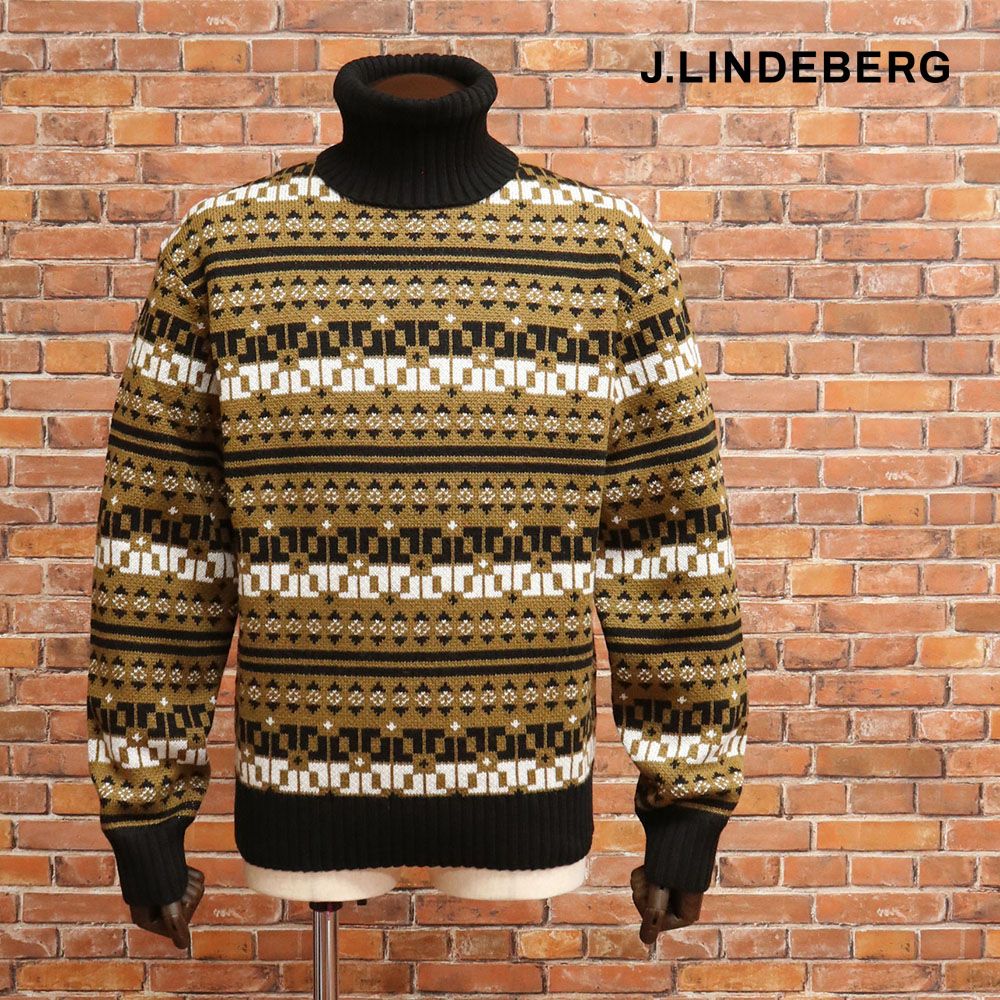 秋冬 J.LINDEBERG 44 S サイズ タートルネックニット 077-19929 フェアアイル ノルディック ジャカード ゴルフ メンズ 紳士 ジェイリンドバーグ カーキブラウン mc146
