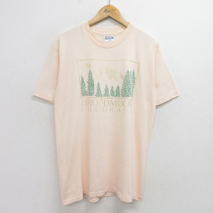 L/古着 ヘインズ 半袖 ビンテージ Tシャツ メンズ 80s 山 木 ブロードモア クルーネック ピンク系 24jul04 中古