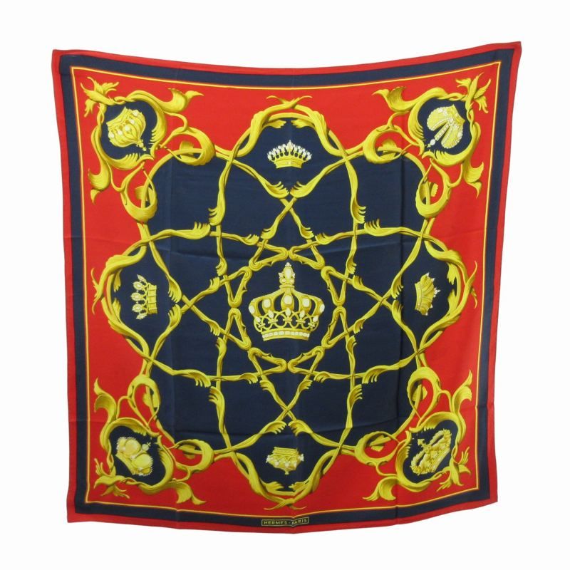 HERMES エルメス スカーフ カレ シルク 王冠 バンダナ レッド ネイビー