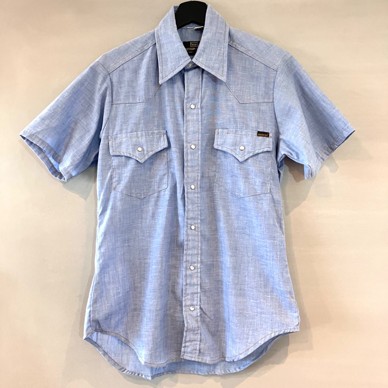 70's Sears シアーズ 黒タグ 半袖 ウエスタンシャツ S/S シャンブレーシャツ ライトブルー メンズ Sサイズ14-14 1/2