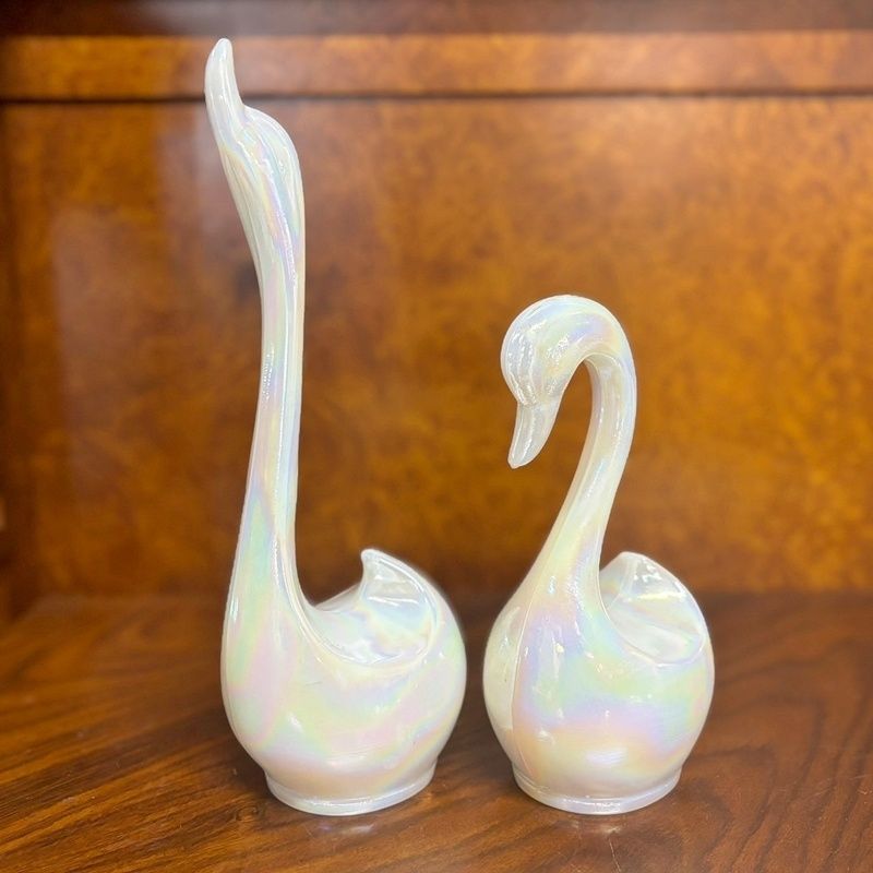 レトロ ホワイトオーロラ ガラス製 白鳥 ペア 2羽セット 24cm