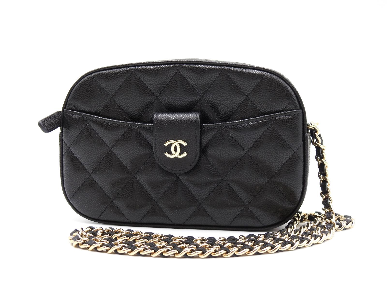 シャネル ココマーク マトラッセ カメラバッグ チェーンショルダーバッグ キャビアスキン ブラック ゴールド金具 AP3998