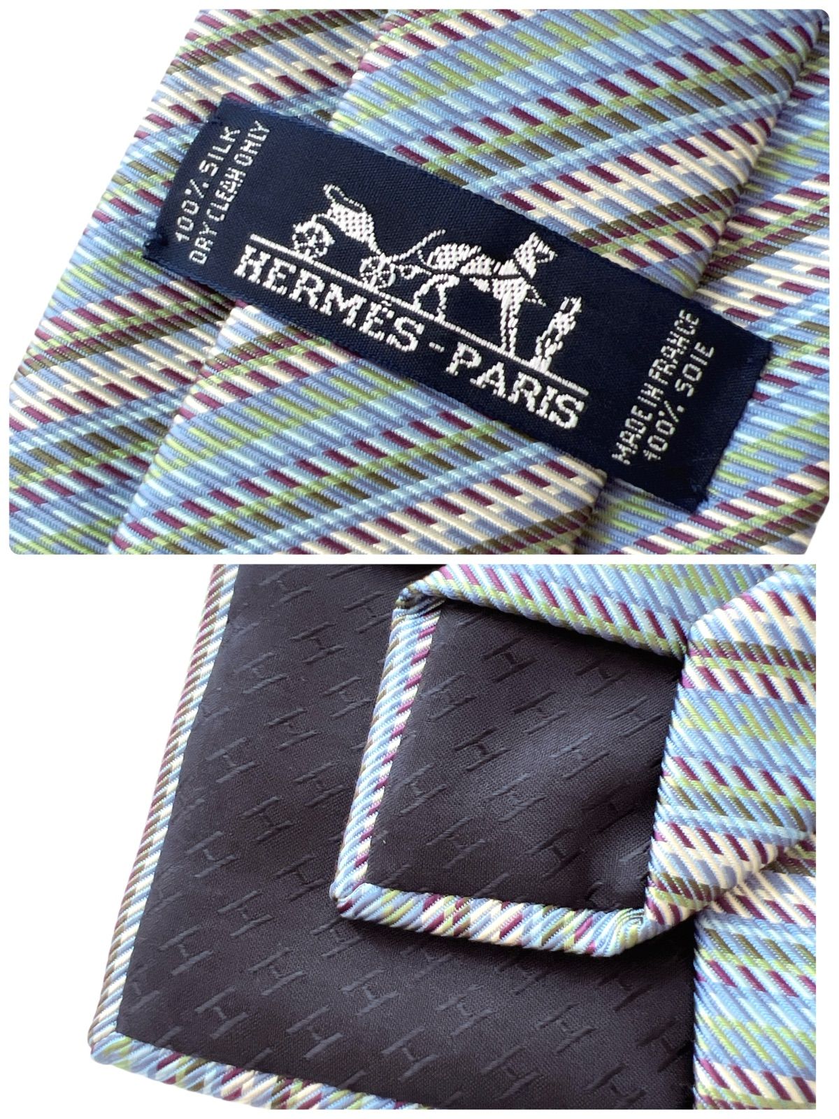 ❤️HERMES PARIS ストライプネクタイ　正規品 美品✨HERMESエルメス ネクタイ ストライプ ブルー系フランス製