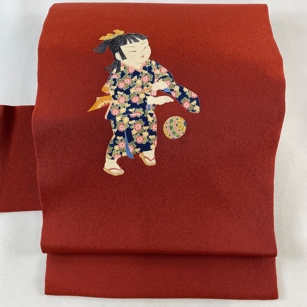 名古屋帯 名品 関口遼一 落款 童 鞠 縮緬 茜色 正絹
