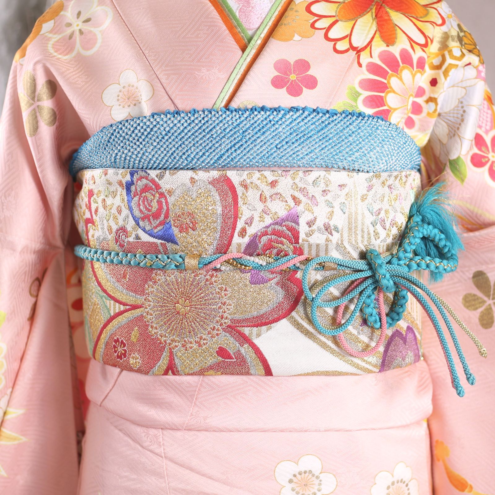 お振袖フルセット　7点セット　ブルーグリーン　M～Lサイズ　正絹　美品 セール】 仕立付き 正絹振袖 フルセット32点 白色 くすみ色 花柄 絹100