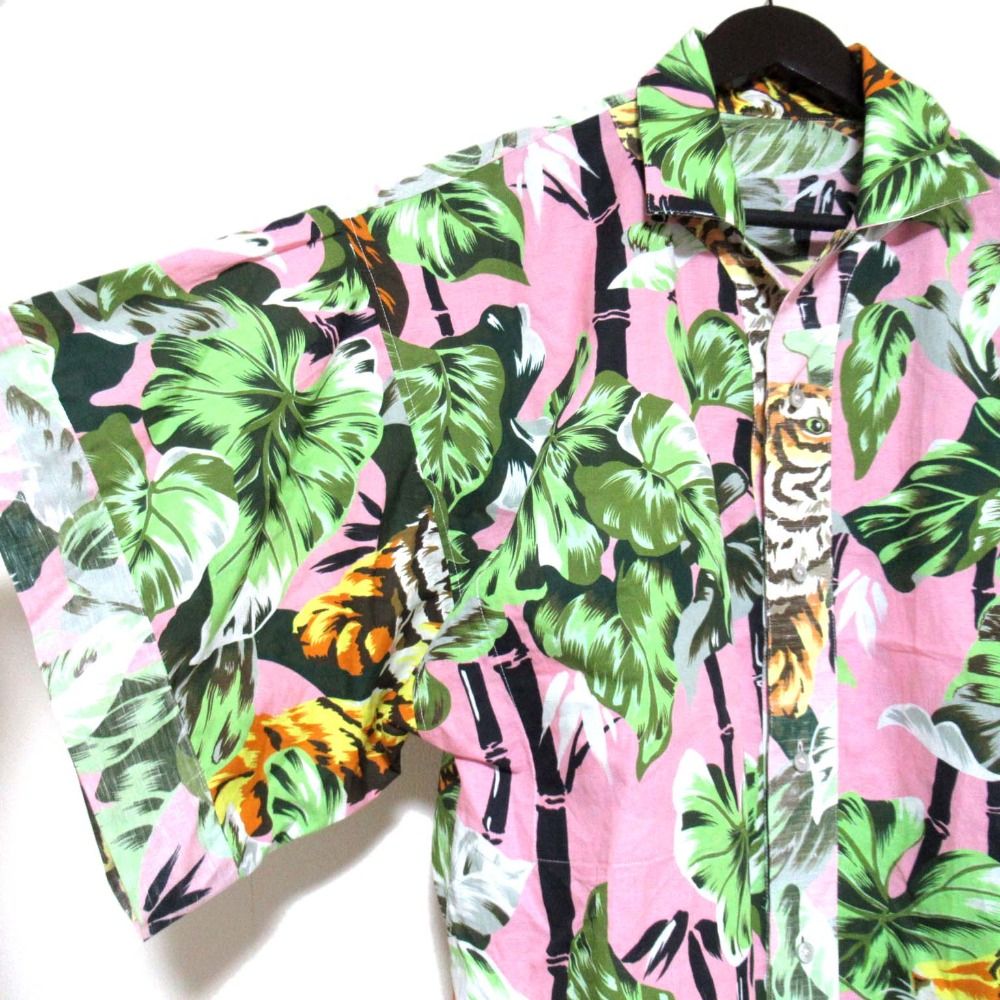 KENZO ケンゾー MEMENTO COLLECTION 2 バンブー×タイガー プリント コットンリネン 半袖 オープン アロハシャツ 34 ピンク メンズ 古着 KARIMZIABAT_FR