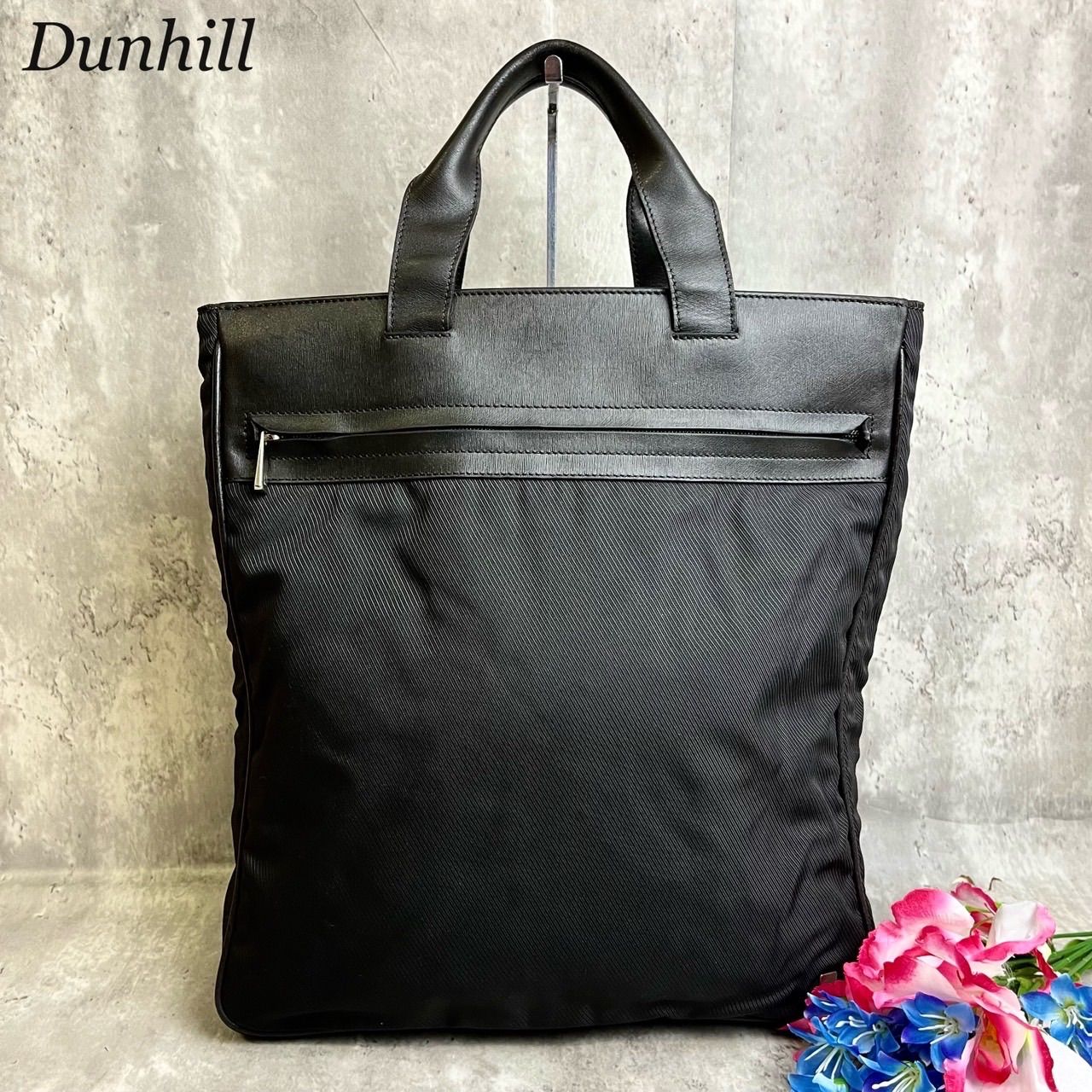 ✨良品✨dunhill ダンヒル ハンドバッグ トートバッグ ビジネスバッグ シルバー金具 A4サイズ収納 ロゴ柄 総柄 ナイロン レザー ブラック  ダークブラウン 黒色 茶色 メンズ