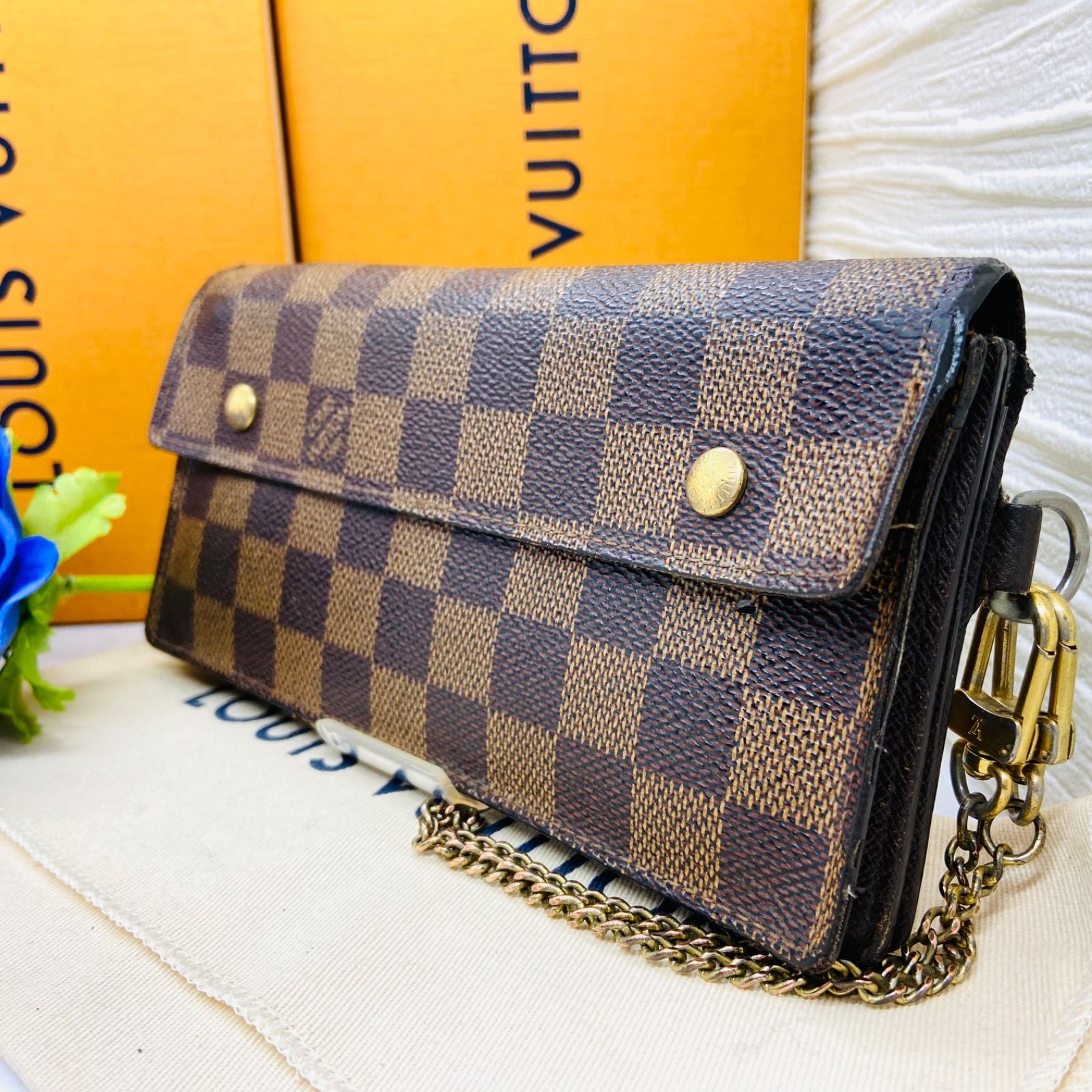 LOUIS VUITTON ヴィトン ダミエ アコルディオン 長財布 チェーン