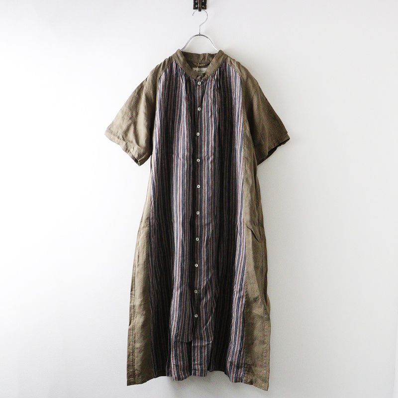 定価5.1万 2025SS ヴラスブラム Vlas Blomme Vintage Stripe 切替え前開きワンピース F グレイッシュブラウン┃麻 2400014590555