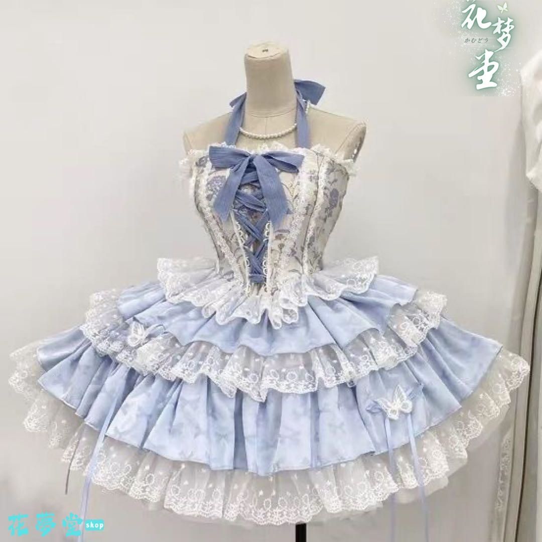 25年 ゴスロリ ロリータドレス 水色 クリーム色ロリータセット 仮装 フリル かわいい 撮影会 舞台 イベント 花夢堂-50