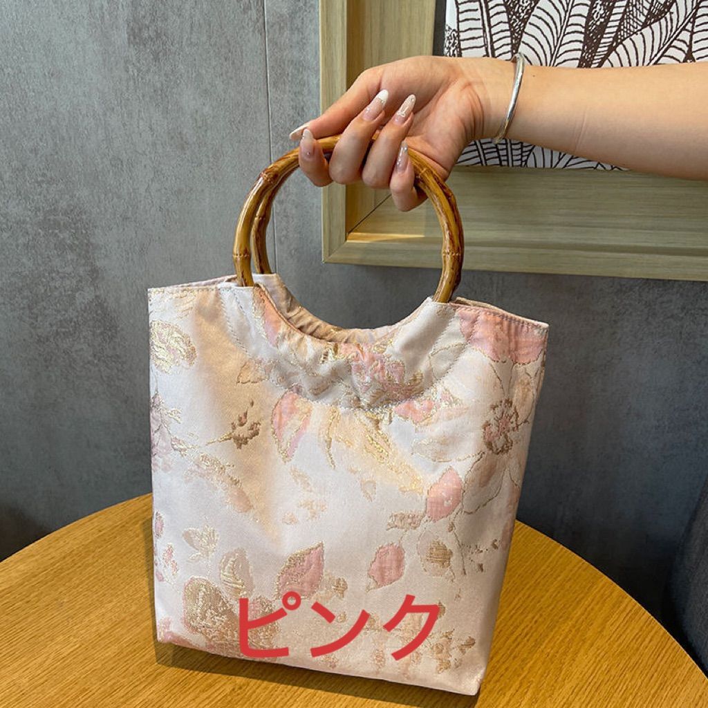 紬帯　水辺に白菖蒲　リメイク　バンブーハンドルバッグ 着物リメイク バッグ【バンブーハンドルバッグ 帯ショルダー紐付