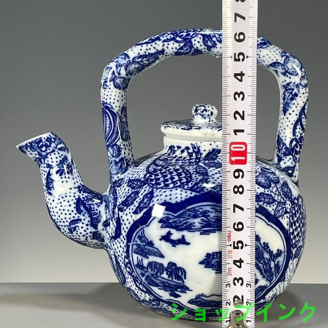 清乾隆 青花 開窓山水図紋提梁壺 茶壺 茶道具 工芸品 置物